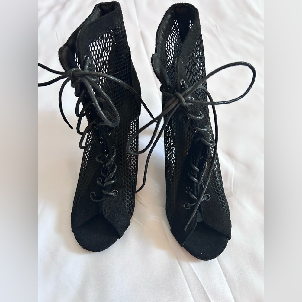 Black Lace-Up Mesh Peep-Toe Heels